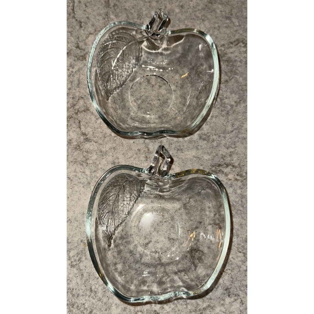 Set Of 2 Small Clear Glass Apple Shaped Bowl Trinket Jewelry Dish Embossed Leaf